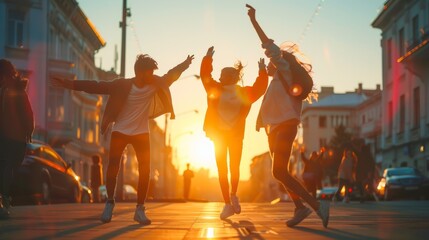 Friends dancing on street during sunset hyper realistic 