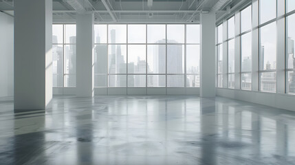 Aufkleber - Empty loft room with white walls city view and concrete floor 3D Render : Generative AI