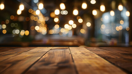 Wall Mural - Empty wooden table top with lights bokeh on blur restaurant background : Generative AI