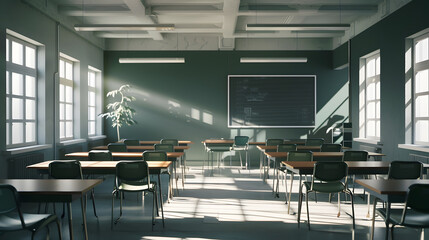Poster - Empty modern classroom with chairs desks and chalkboard : Generative AI