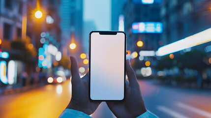 Leinwandbilder - Phone with a screen in the hands on the background of the city : Generative AI