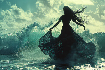 Wall Mural - Scene of a traditional Hawaiian hula dancer, with her shadow blending into gentle, ocean wave shapes,