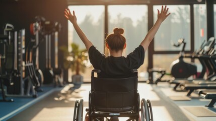 Strong. Disabled woman training in the gym of rehabilitation center, practicing. Active woman with handicap. Concept of healthy lifestyle, motivation,