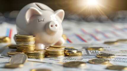 Fototapete - A sad piggy bank behind stacks of euro coins symbolizing the fall of monetary assets White moneybox with coins graph Crisis concept : Generative AI