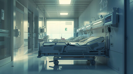 Poster - Recovery Room with beds and comfortable medical Interior of an empty hospital room Clean and empty room with a bed in the new medical center : Generative AI