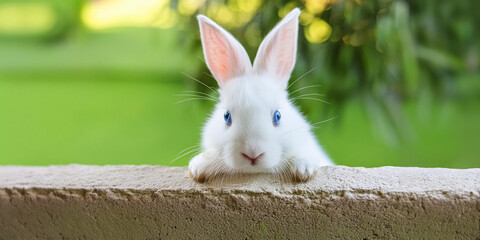 Adorable fluffy white pet rabbit, with bright blue eyes, resting paws on a wall, to look over the top. Close up, shallow depth of field. Copy space on left.