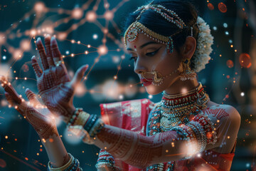 Aufkleber - Artistic portrayal of a traditional Indian dancer performing a mudra, with their hand gestures causing intricate molecular structures to form,