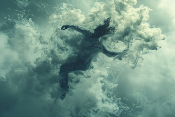 Poster - Dynamic image of a contemporary dancer leaping, with their airborne form surrounded by swirling clouds of atoms,