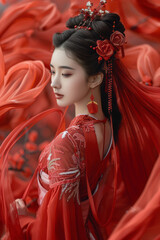 Aufkleber - Illustration of a traditional Chinese dancer with long silk ribbons, with each ribbon creating flowing molecular chains,