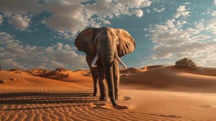 Sticker - An evocative image of an African Elephant strolling in the desert at sunset, reflecting serenity and the beauty of nature