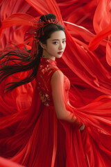 Aufkleber - Illustration of a traditional Chinese dancer with long silk ribbons, with each ribbon creating flowing molecular chains,