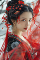 Aufkleber - Illustration of a traditional Chinese dancer with long silk ribbons, with each ribbon creating flowing molecular chains,