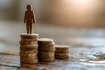 Wall Mural - A wooden figure on top of money stacks