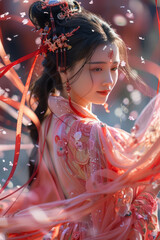 Aufkleber - Illustration of a traditional Chinese dancer with long silk ribbons, with each ribbon creating flowing molecular chains,