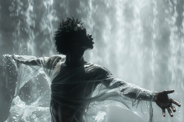 Poster - Scene of a contemporary dancer stretching, with parts of their body dissolving into digital noise and static,