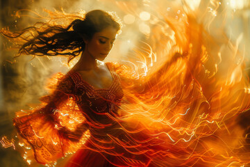 Poster - Artistic depiction of a flamenco dancer, with her dress transforming into a series of pixelated flames as she moves,