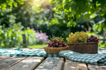 Wall Mural - Grapes in a basket on a table outside