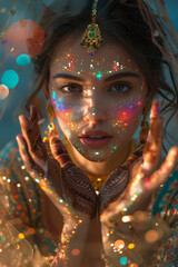 Poster - Artistic portrayal of a traditional Indian dancer, her intricate hand gestures leaving trails of colorful digital artifacts,