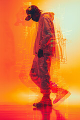 Aufkleber - Abstract image of a hip-hop dancer popping and locking, with sharp glitches and pixelation highlighting each precise movement,
