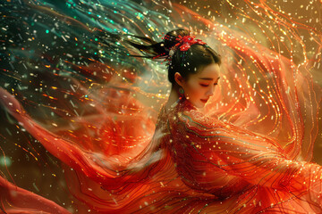 Poster - Illustration of a traditional Chinese dancer with long silk ribbons, the ribbons dissolving into pixelated streams,
