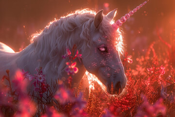 Poster - Artistic portrayal of a unicorn in a meadow of blooming orchids and lilies, its horn glowing with ethereal energy,