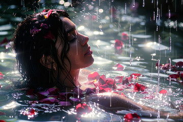 Aufkleber - Illustration of a nymph bathing in a stream infused with rose petals and lavender, the water sparkling with a mystical light,