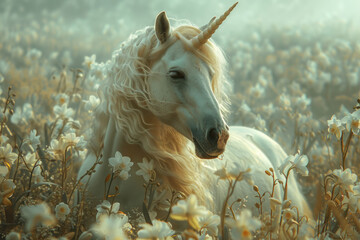 Aufkleber - Artistic portrayal of a unicorn in a meadow of blooming orchids and lilies, its horn glowing with ethereal energy,