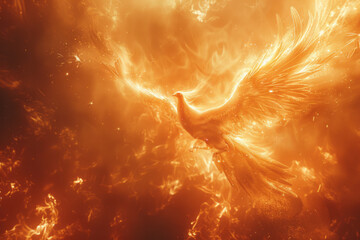 Leinwandbilder - Dynamic image of a phoenix rising from flames, surrounded by an aura of cinnamon and vanilla, the air filled with a warm, inviting scent,