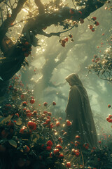 Aufkleber - Illustration of an elf in an enchanted forest, surrounded by clusters of strawberries and blueberries, each glowing with a soft light,