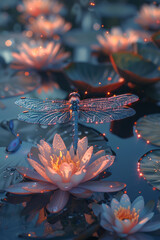 Poster - Dynamic image of a dragonfly fairy hovering over a pond, surrounded by water lilies and lotus flowers, each radiating magical energy,
