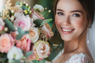 Luxury wedding bride, girl posing and smiling with bouquet