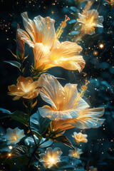 Poster - Illustration of a celestial being in a starry sky, surrounded by floating petals of hibiscus and ylang-ylang, each glowing with starlight,