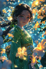 Poster - Illustration of a celestial being in a starry sky, surrounded by floating petals of hibiscus and ylang-ylang, each glowing with starlight,