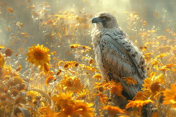 Poster - Artistic portrayal of a griffin in a golden meadow, surrounded by blooming marigolds and sunflowers, exuding an aura of power and allure,