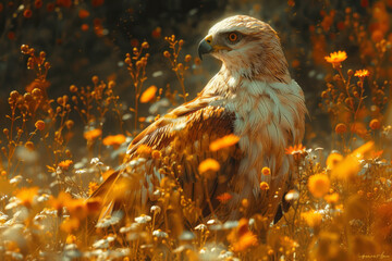 Poster - Artistic portrayal of a griffin in a golden meadow, surrounded by blooming marigolds and sunflowers, exuding an aura of power and allure,