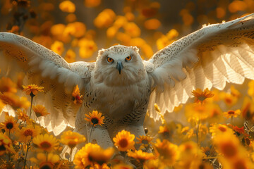 Poster - Artistic portrayal of a griffin in a golden meadow, surrounded by blooming marigolds and sunflowers, exuding an aura of power and allure,