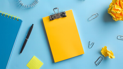 Poster - Yellow blank sticky notes on top of empty notebook and isolated on blue background with other objects like pen paper clip binder clip crumpled paper Open notepad with office supplies : Generative AI
