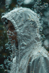 Aufkleber - Depiction of a hoodie with bubbles swirling around the hood, giving a sense of fun and movement,
