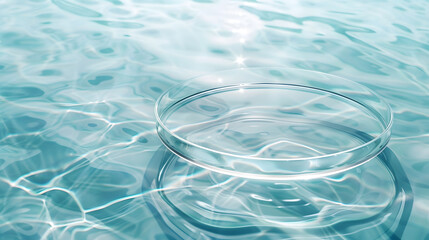 Poster - Empty clear glass circle podium on blue transparent calm water texture with waves in sunlight Abstract nature background for product presentation Flat lay cosmetic mockup copy space : Generative AI