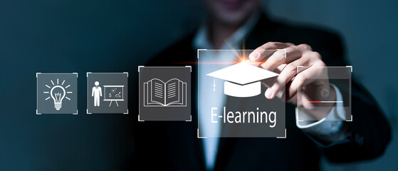 Fototapete - Concept of Online education. man use Online education training and e-learning webinar on internet for personal development and professional qualifications. Digital courses to develop new skills...