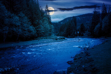 Wall Mural - river flows through the valley of carpathian mountains at night. shallow water reveals stones. synev