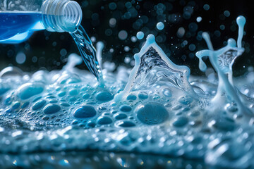 Leinwandbilder - Abstract image of a detergent bottle pouring out, with the liquid forming intricate, fractal-like foam as it hits the surface,