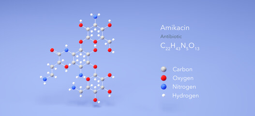 Poster - amikacin molecule, molecular structures, antibiotic, 3d model, Structural Chemical Formula and Atoms with Color Coding