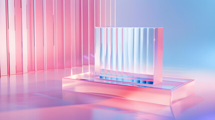 Poster - Bright colourful abstract background made by transparent and ribbed acrylic glass Empty showcase for makeup and cosmetics product commercial Podium for new package demonstration and ad : Generative AI