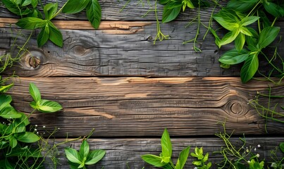 Wall Mural - Old brown wooden background with green leaves, top view, copy space. Spring or Summer twigs on shabby background, frame, flat lay