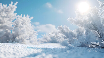 Poster - WHITE SNOW IN SUN LIGHT ON LIGHT BLUE FROSTY SKY BRIGHT WINTER BACKDROP BACKGROUND WITH EMPTY SNOWY FIELD SPACE FOR MONTAGE OR DISPLAY COLD NATURE LANDSCAPE : Generative AI