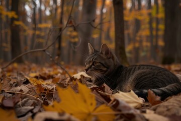 Poster - Serene tabby cat rests amidst the amber hues of autumn leaves in a tranquil forest