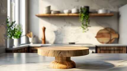 Aufkleber - Wooden pedestal on table in kitchen interior and free space for your decoration : Generative AI