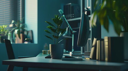 Poster - Stylish workspace with desktop computer office supplies houseplant and books at office desk work concept : Generative AI