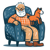 An elderly man is seated on a couch with a toy horse in his lap